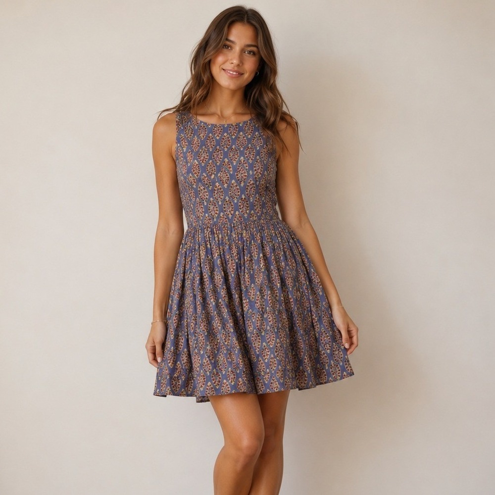 eShakti Fit‎ Flare Geometric Dress Preppy Boho Cottagecore Wedding Guest Summer